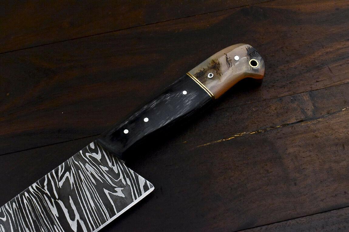 Handmade Damascus Steel Hunting Chef Knife 13" | 8" Blade, Ram’s Horn Handle, Full Tang, Custom Forged