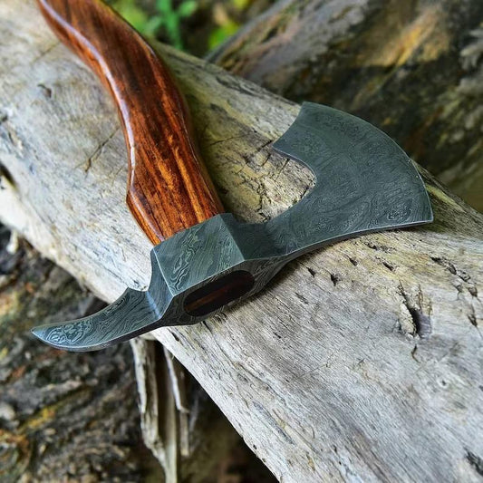 Custom Handmade Damascus Steel Tomahawk Axe | Rosewood Handle Hunting & Camping Hatchet – Forged Damascus Battle Axe for Sale