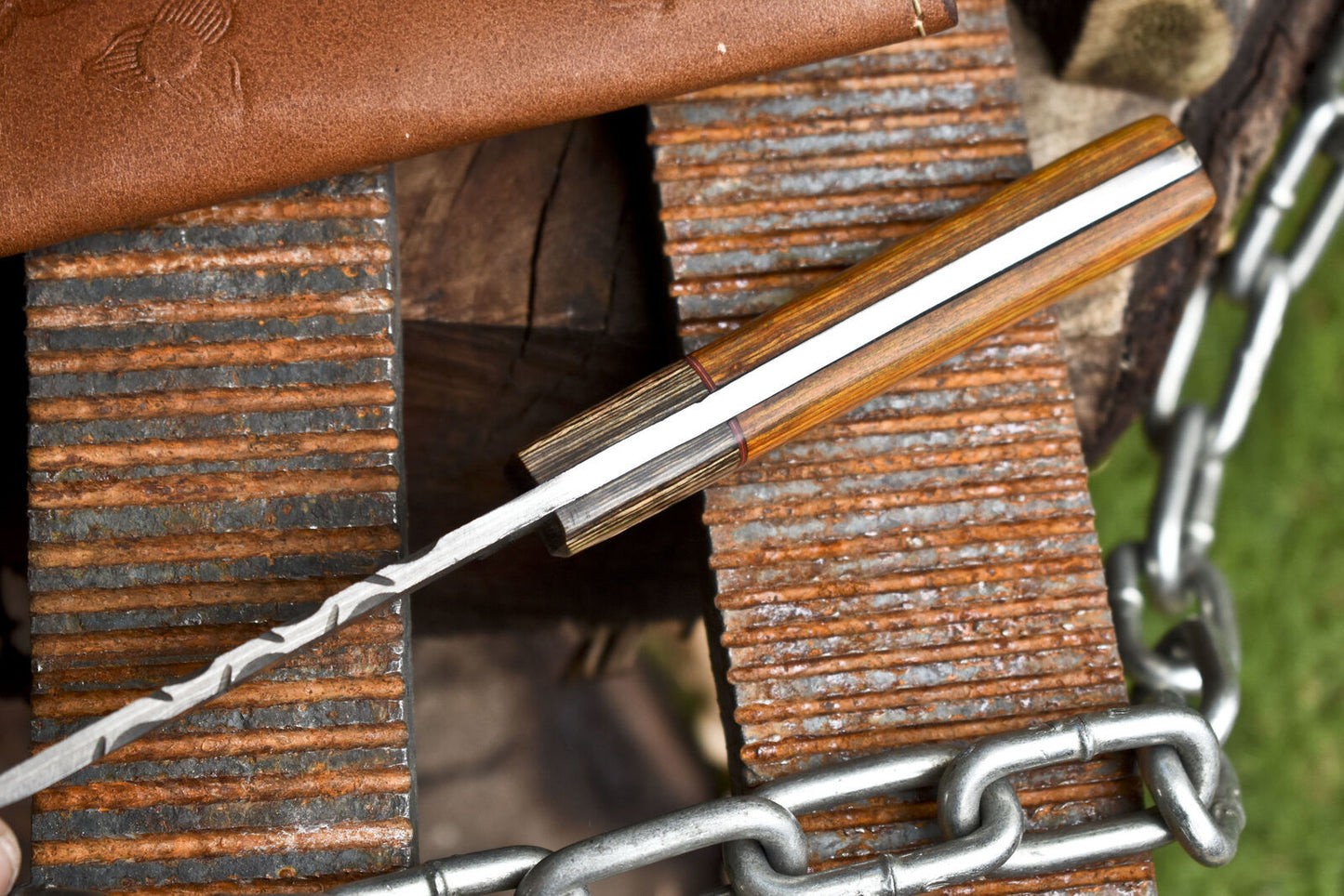 Rain Drop Damascus Skinner Knife with Hardwood Handle and Wooden Bolster – Tactical Hunting Blade