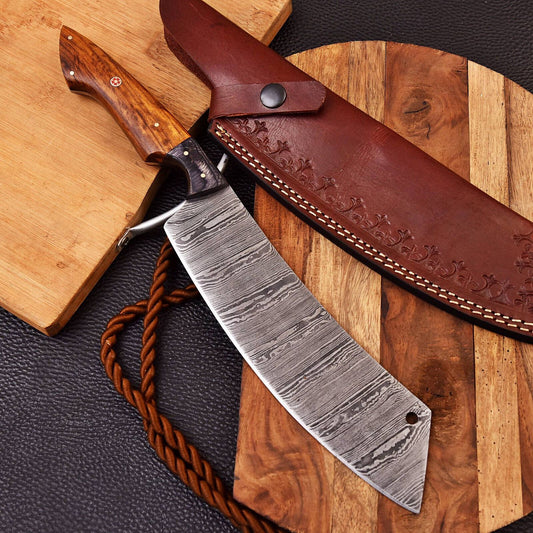 Custom Handmade Damascus Steel Cleaver Chef Knife with Rose Wood Handle