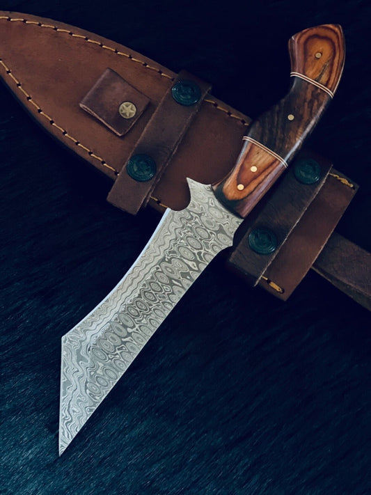 10" Raindrop Damascus Tanto Bowie Knife – Wood Handle