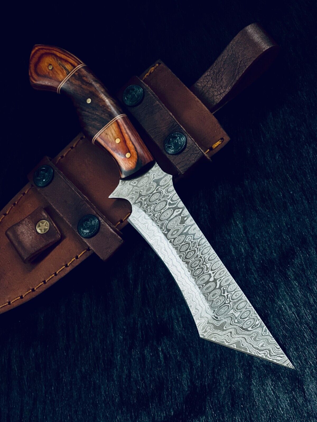 10" Raindrop Damascus Tanto Bowie Knife – Wood Handle