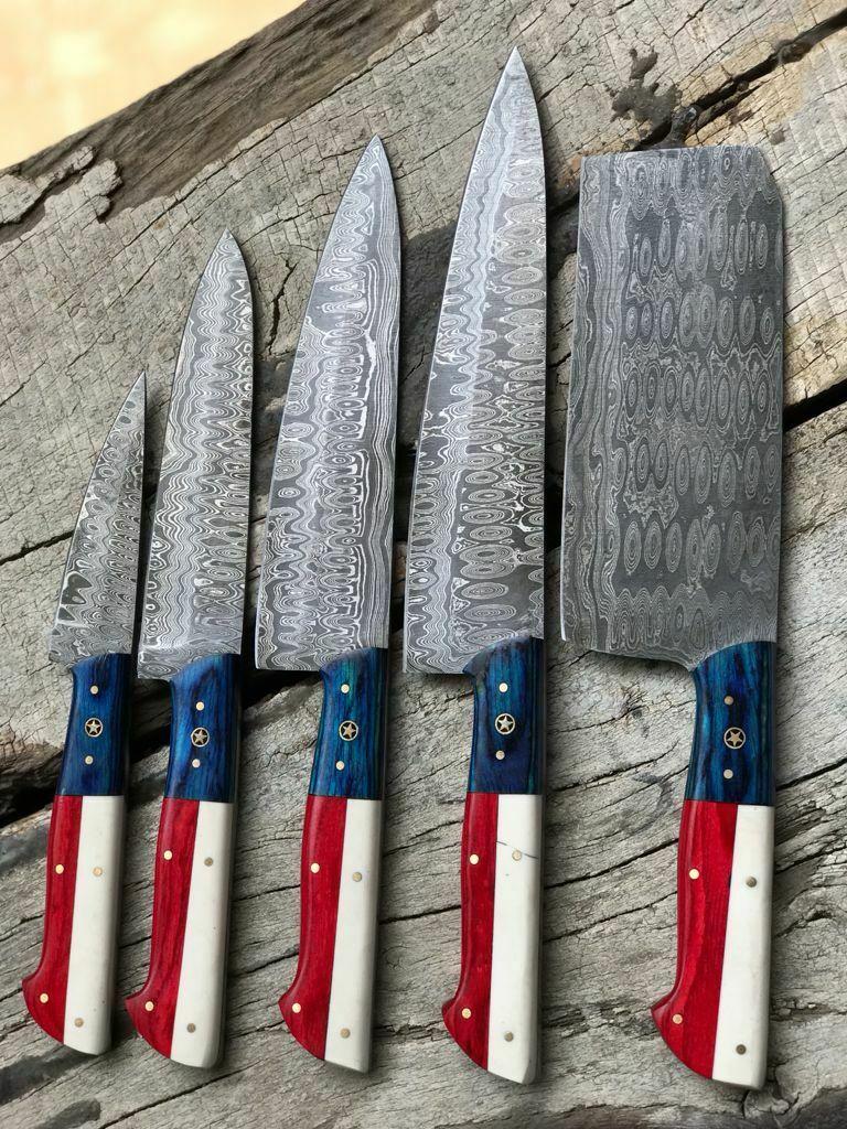 Custom Handmade Twist Damascus Steel Chef Knife Set – Pakkawood Handle