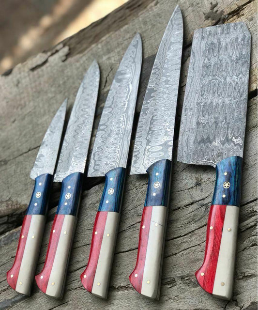 Custom Handmade Twist Damascus Steel Chef Knife Set – Pakkawood Handle