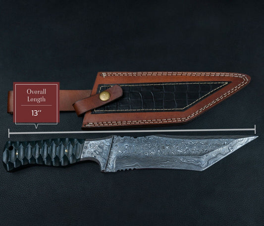 Damascus Steel Tracker Bowie Knife – 10” Handmade Fixed Blade with Black Bone Handle