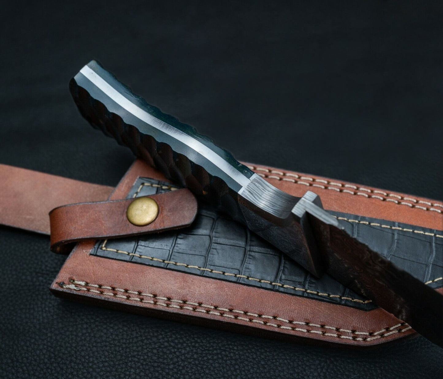 Damascus Steel Tracker Bowie Knife – 10” Handmade Fixed Blade with Black Bone Handle