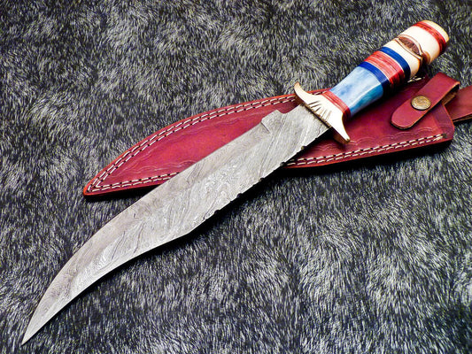 15" Hand-Forged Damascus Bowie Knife | Engraved Bone & Wood Handle with Leather Sheath