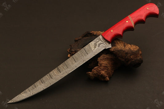 13.5" Hand Forged Damascus Fillet Knife Premium Fillet Knife With Ladder Sheath