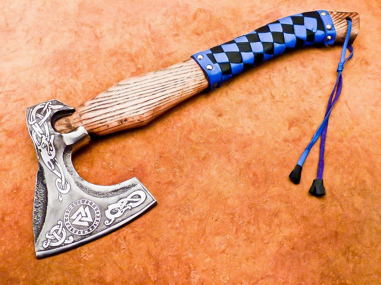 Hand Forged Carbon Steel Viking Bearded Camping Hatchet Tomahawk Axe with Leather Wrapped Wood Handle