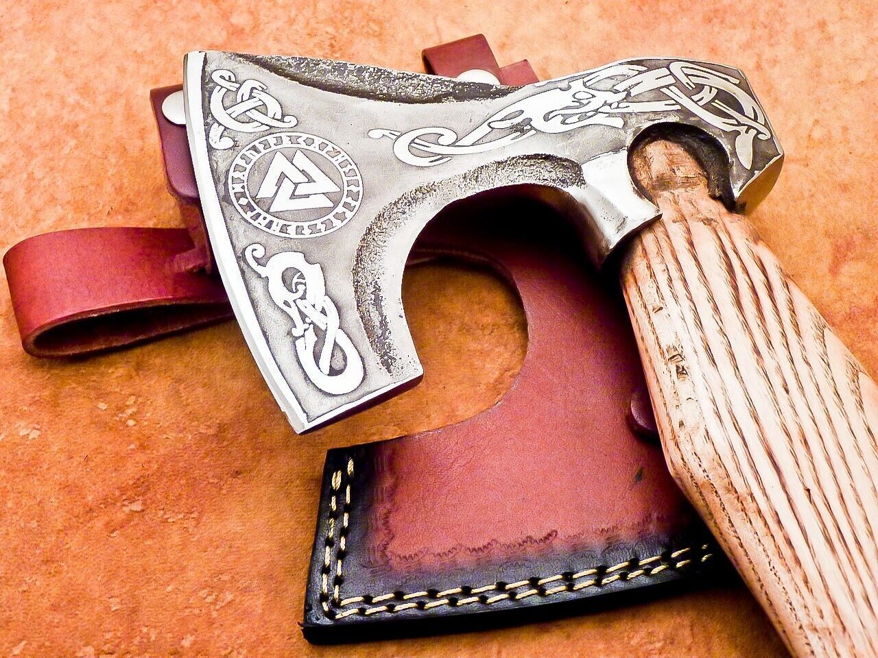 Hand Forged Carbon Steel Viking Bearded Camping Hatchet Tomahawk Axe with Leather Wrapped Wood Handle