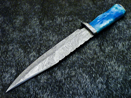 Hand Forged Damascus Bowie Hunting Knife | Stained Bone Handle & Leather Sheath