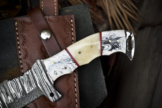 Hand Forged Damascus Tracker Knife | Twist Pattern Bone Handle with Micarta Bolster