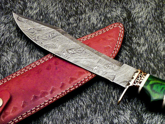 13" Damascus Bowie Knife – Hardwood Handle with Leather Sheath