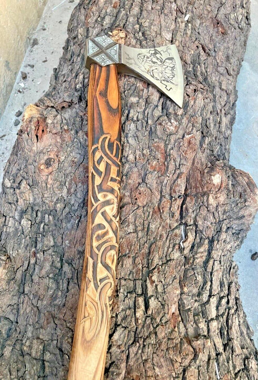 Hand Forged Carbon Steel Viking Bushcraft Axe with Wooden Handle and Leather Sheath