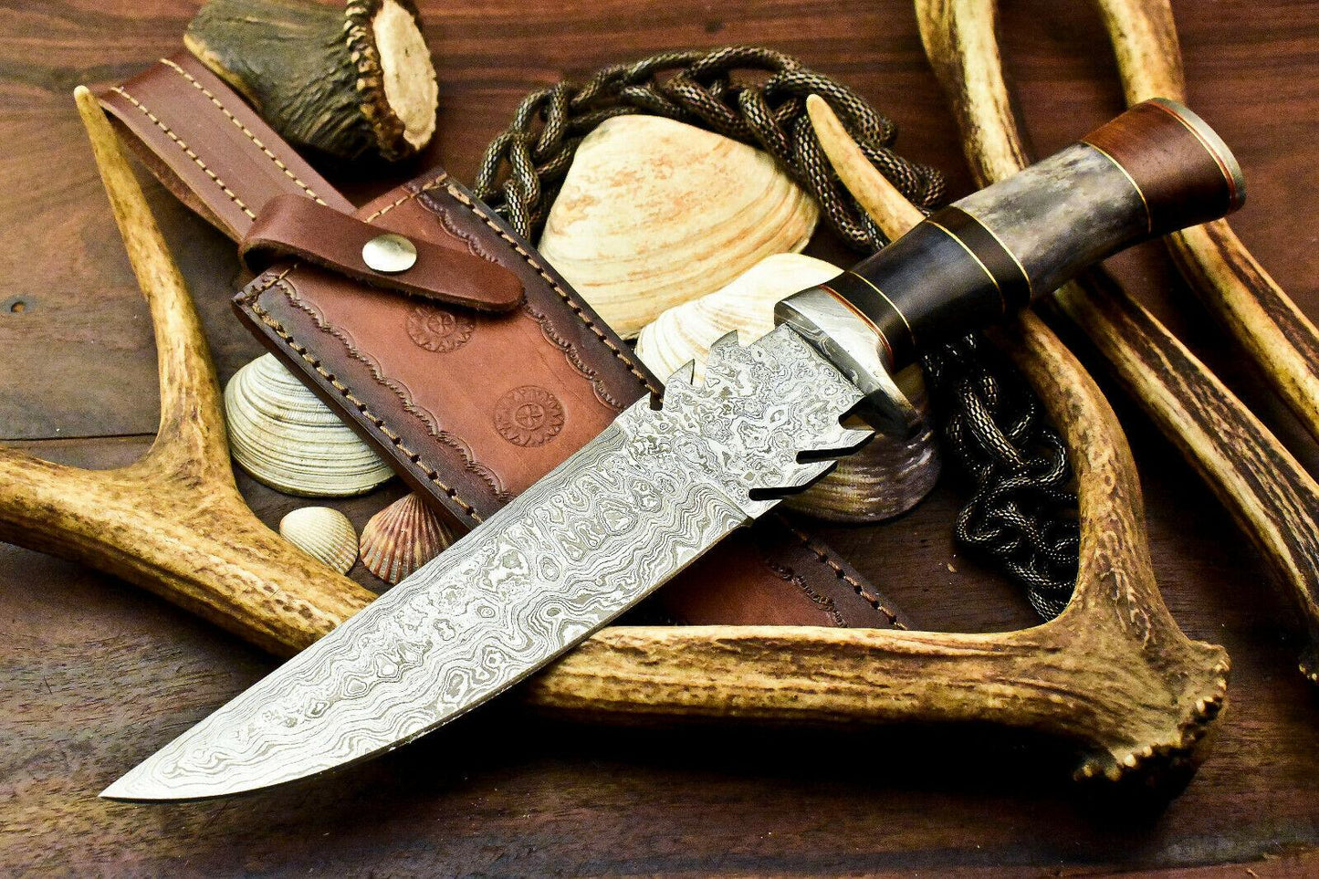 13" Handmade Damascus Bowie Knife – Stained Camel Bone Handle with Leather Sheath
