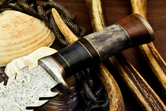 13" Handmade Damascus Bowie Knife – Stained Camel Bone Handle with Leather Sheath