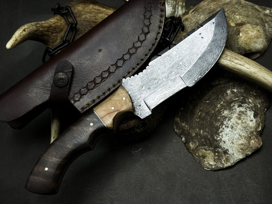 Handmade Damascus Steel Hunting Survival Tracker Knife with Wood Handle and Leather