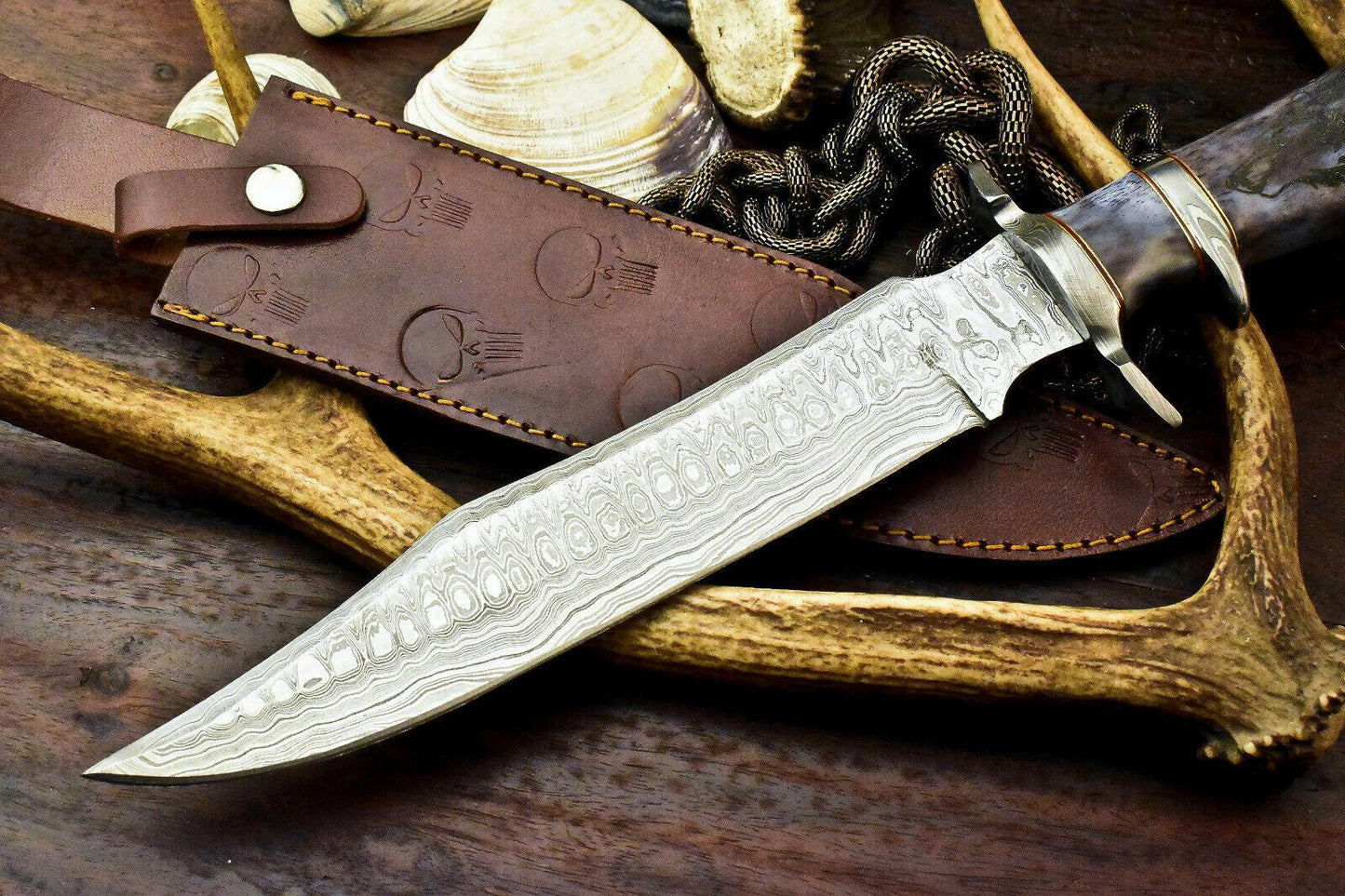 15.5" Damascus Steel Bowie Knife – Laser Etched Blade with Stained Camel Bone Handle