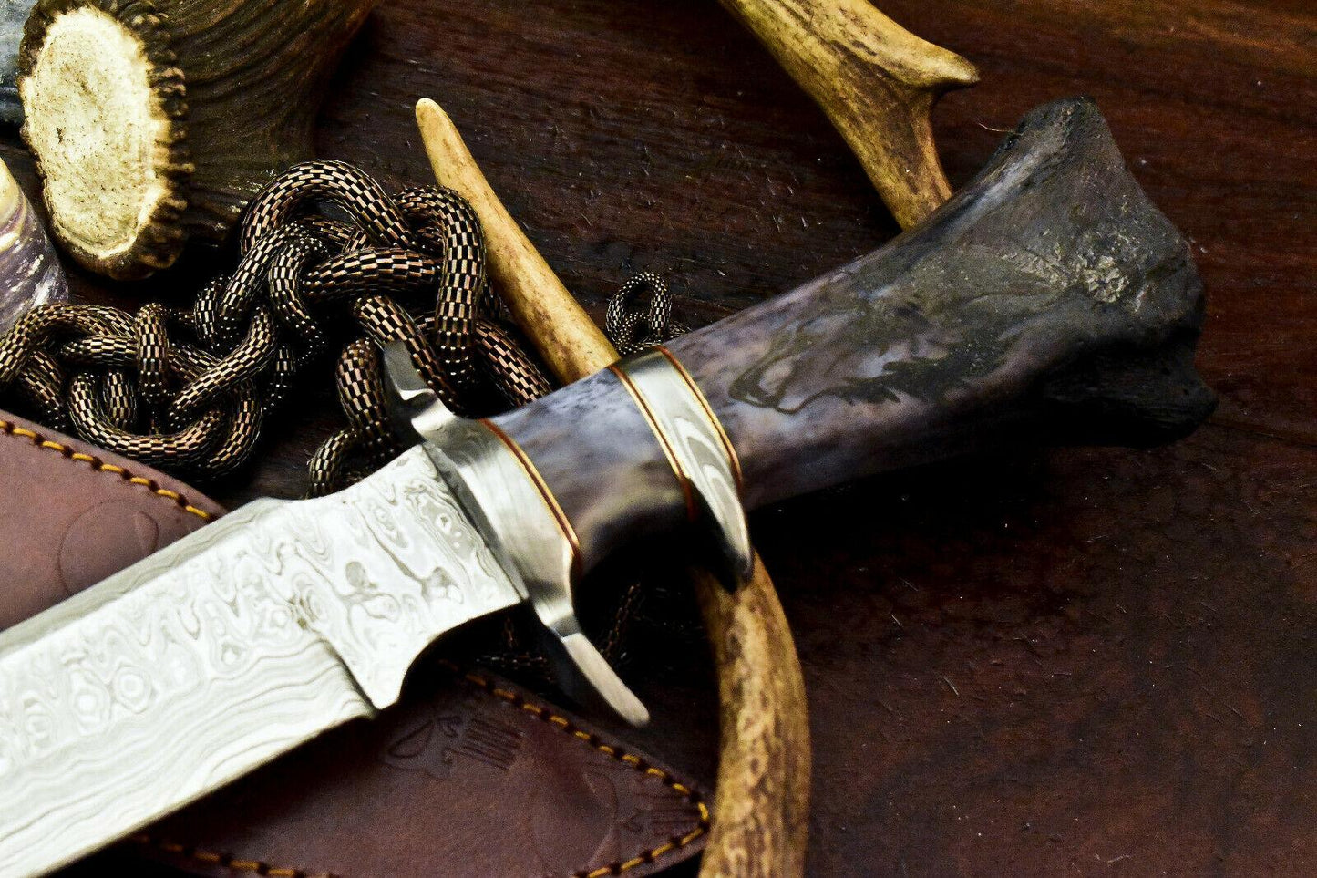 15.5" Damascus Steel Bowie Knife – Laser Etched Blade with Stained Camel Bone Handle