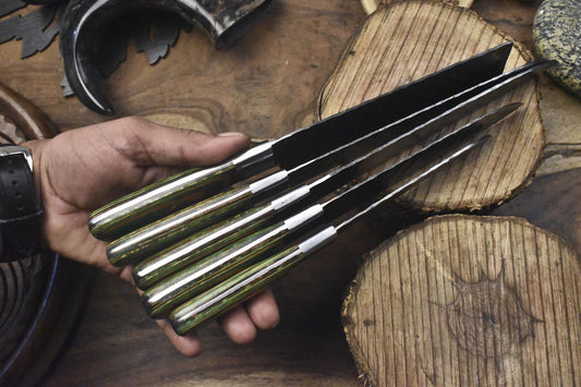 Hand Crafted Chef Knife Set – Lot of 5 Twist Damascus Steel Knives with Hardwood Handles for Hiking & Kitchen