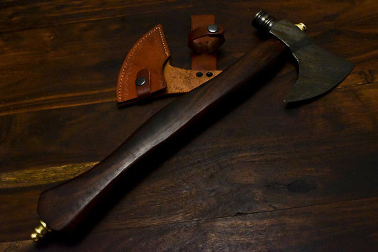 Handmade Damascus Axe Tomahawk with Walnut Wood Handle & Leather Sheath | Custom Damascus Steel Axe Knife