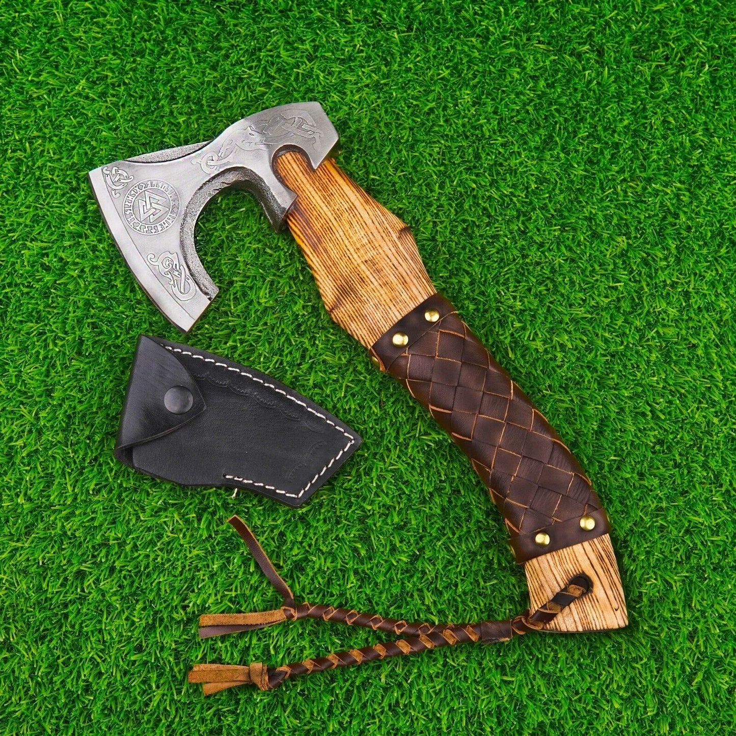 Damascus Steel Hand Forged Odin’s Viking Axe Bearded Battle Axe for Camping with Leather Sheath