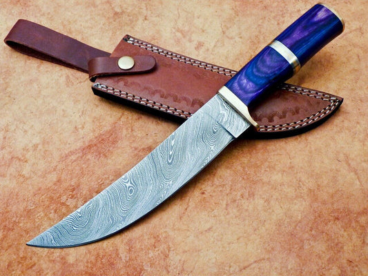 Heritage Forge 12" Damascus Steel Hunting Knife with Hardwood Handle and Leather Sheath