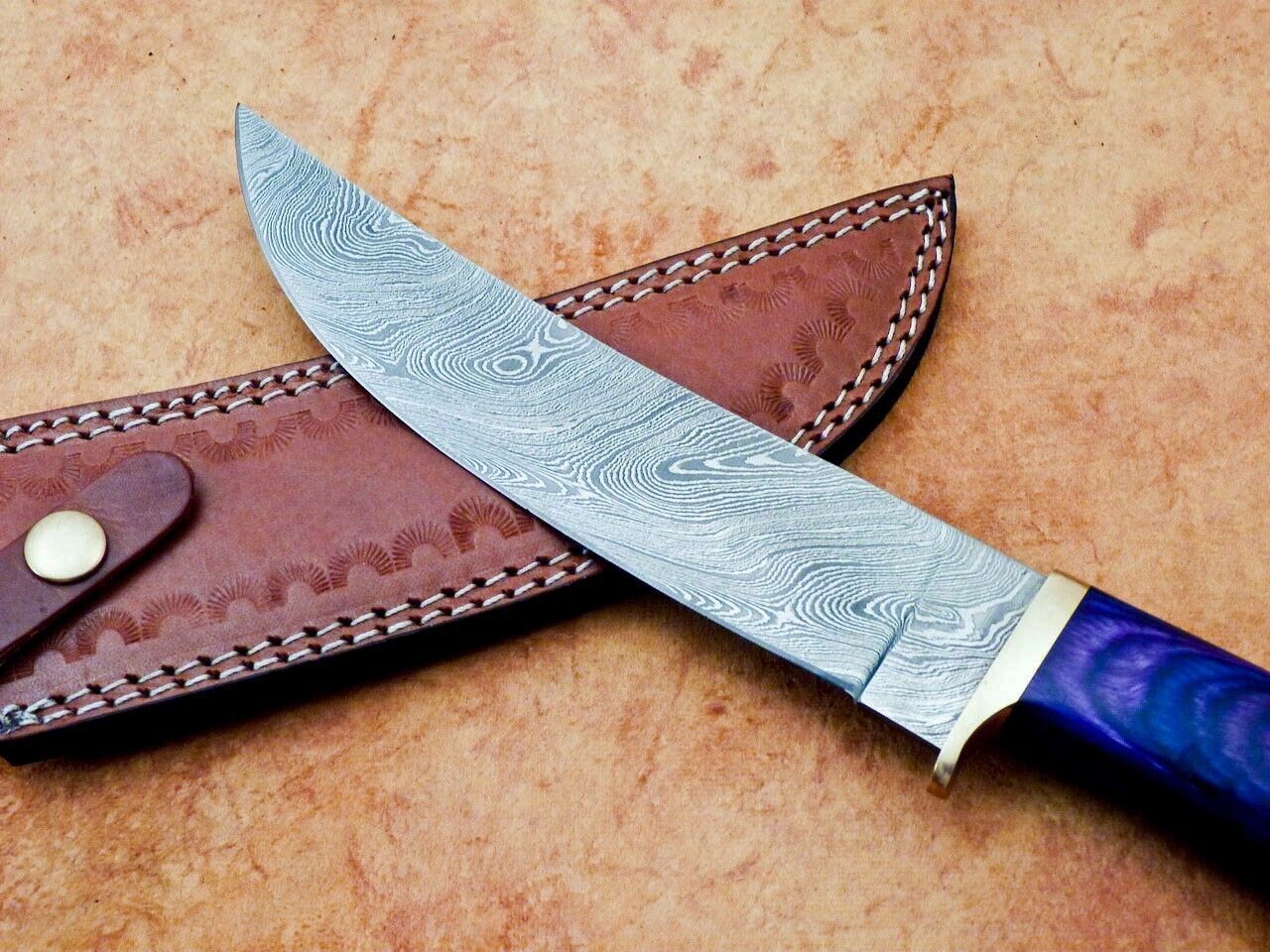 Heritage Forge 12" Damascus Steel Hunting Knife with Hardwood Handle and Leather Sheath