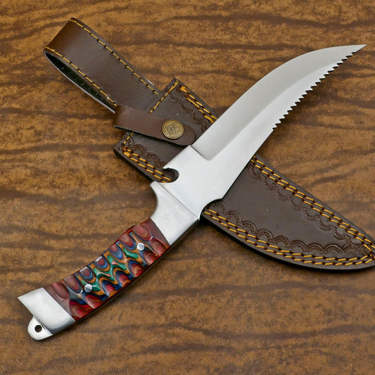 Handmade D2 Bowie Hunting Knife | 12-Inch Blade with Pakka Wood Handle & Leather Sheath