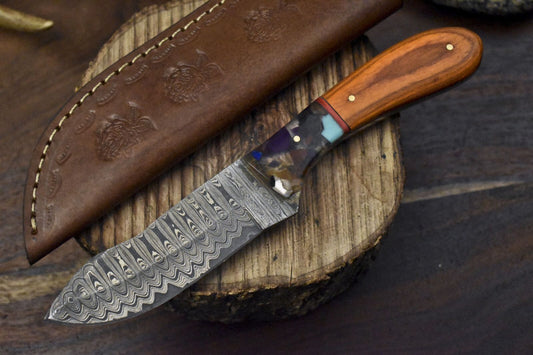 8.5" Ladder Damascus Skinner Knife with Hardwood Handle for Everyday Carry & Hunting