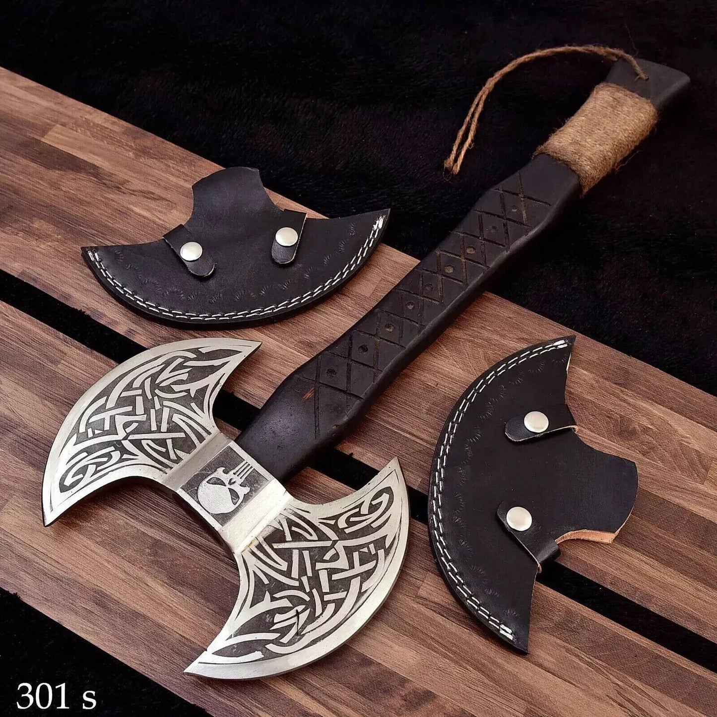 Hand-Forged Carbon Steel Double-Faced Viking Bushcraft Axe – Black Wood Handle with Leather Sheath