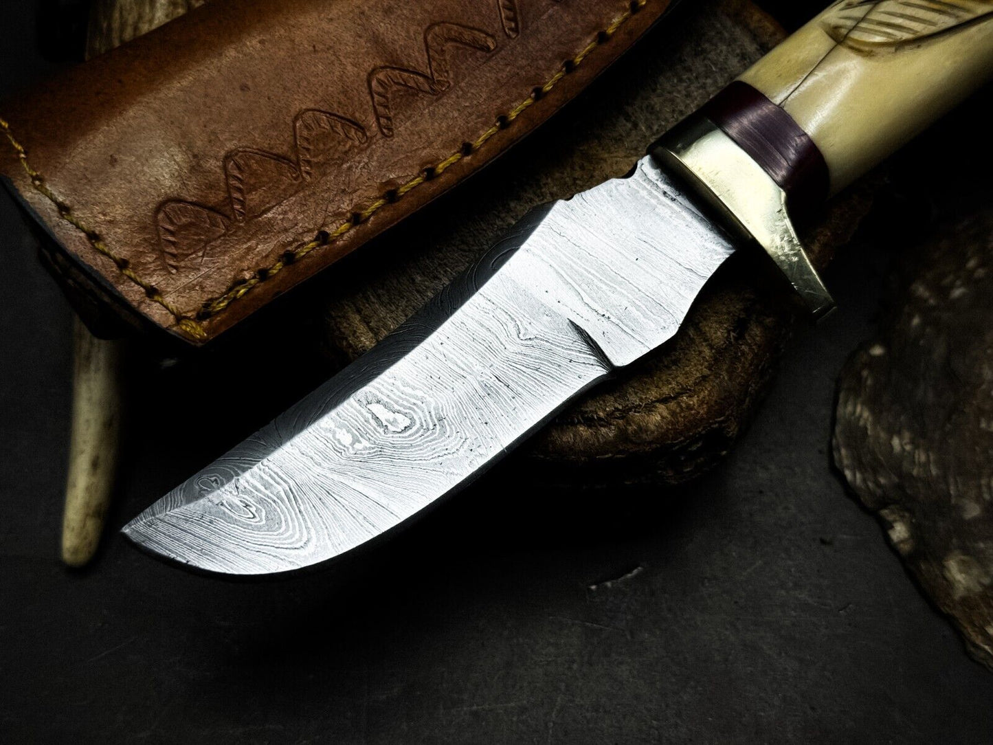 Heritage Forge Damascus Steel Hunting Knife with Bone Handle and Leather Sheath