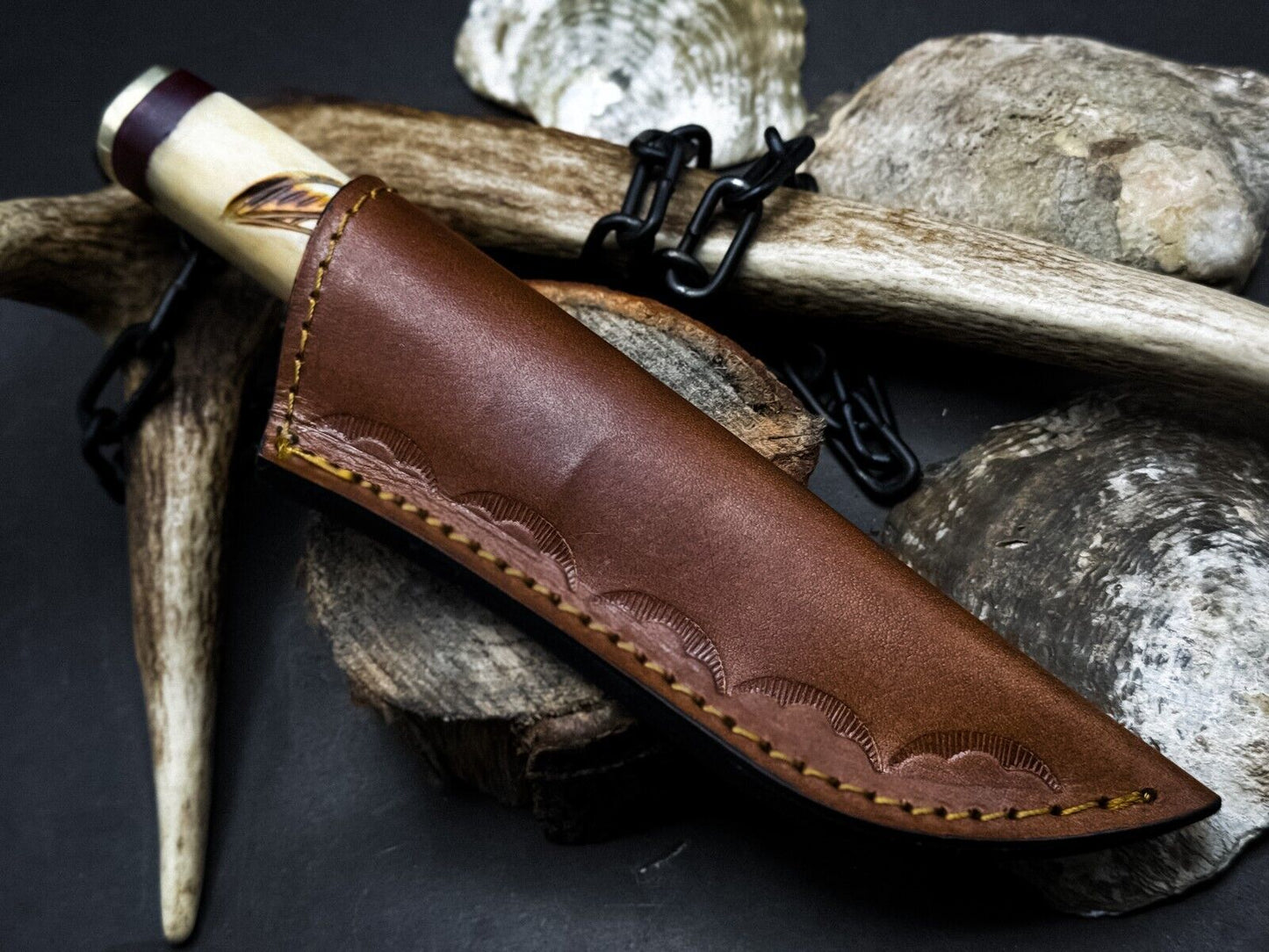 Heritage Forge Damascus Steel Hunting Knife with Bone Handle and Leather Sheath