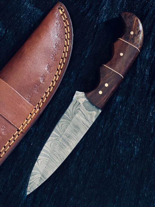 Heritage Forge 8.5 Inch Fire Damascus Steel Hunting Knife with Wood Handle