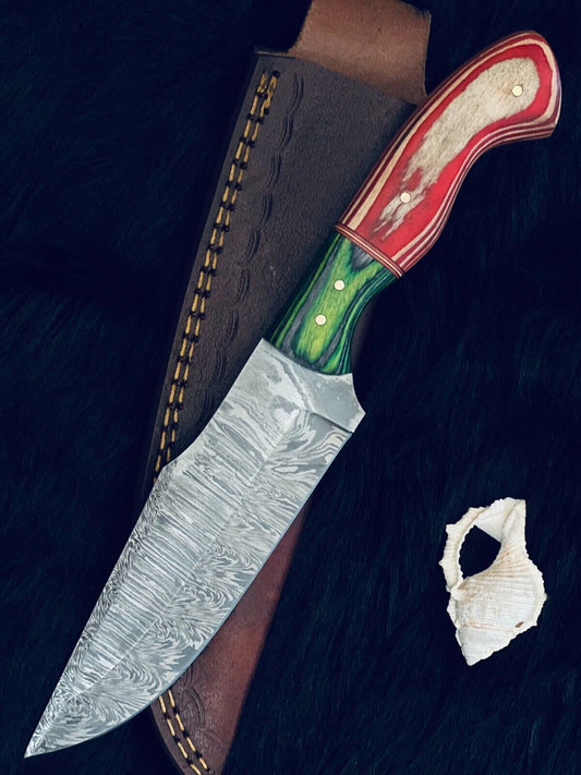 10" Custom Handmade Twist Damascus Steel Bowie Knife – Camel Bone & Wood Handle