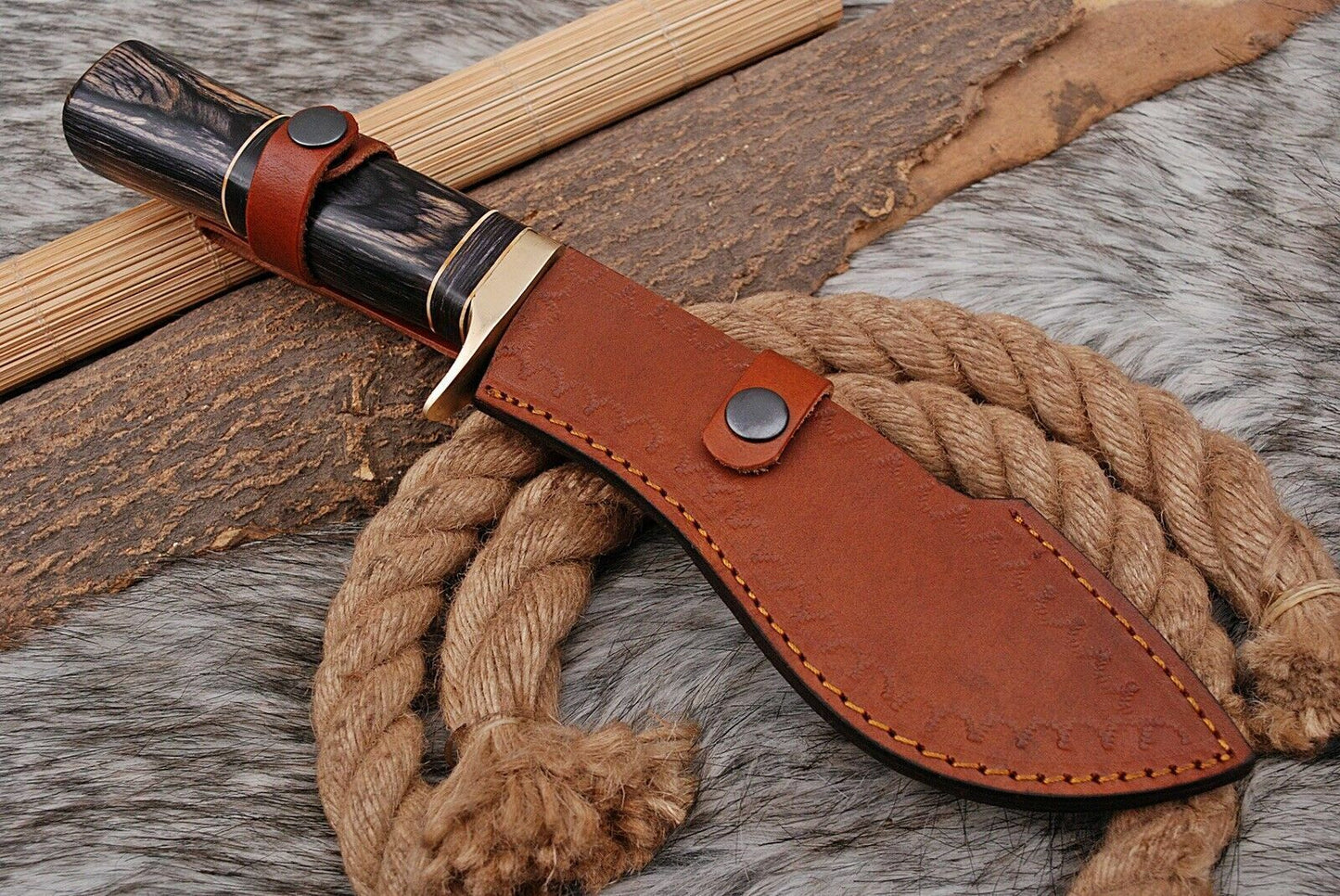 12" Handmade Damascus Kukri Bowie Knife – Forged Hunting Blade with Leather Sheath