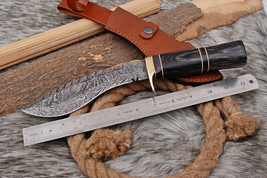 12" Handmade Damascus Kukri Bowie Knife – Forged Hunting Blade with Leather Sheath