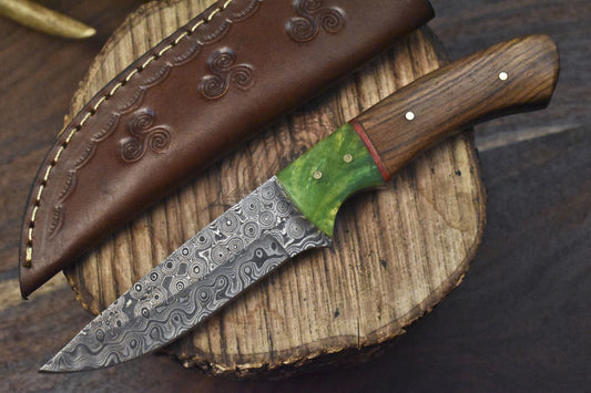 Rain Drop Damascus Skinner Knife with Walnut Wood Handle – Handmade 8" Hunting Knife