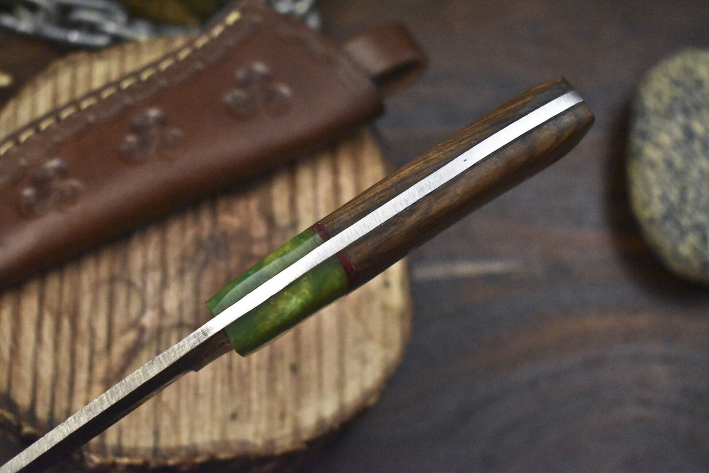 Rain Drop Damascus Skinner Knife with Walnut Wood Handle – Handmade 8" Hunting Knife