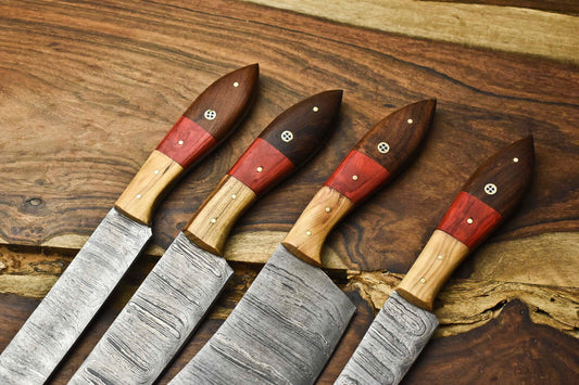 Exclusive Lot of 4 Artisan Handmade Damascus Steel Chef Knives with Signature Layered Blades