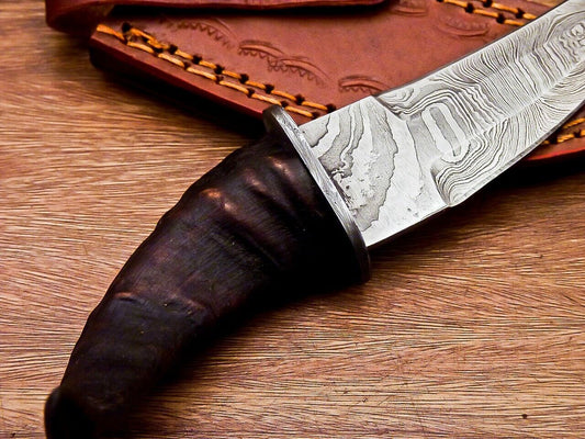 8" Ram Horn Damascus Steel Bowie Knife – Handmade Full Tang Hunting Blade
