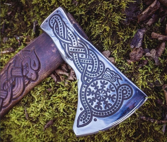 18" Dragon Engraved Viking Hatchet – Hand Forged High Carbon Steel Throwing Axe with Wooden Handle and Leather Sheath