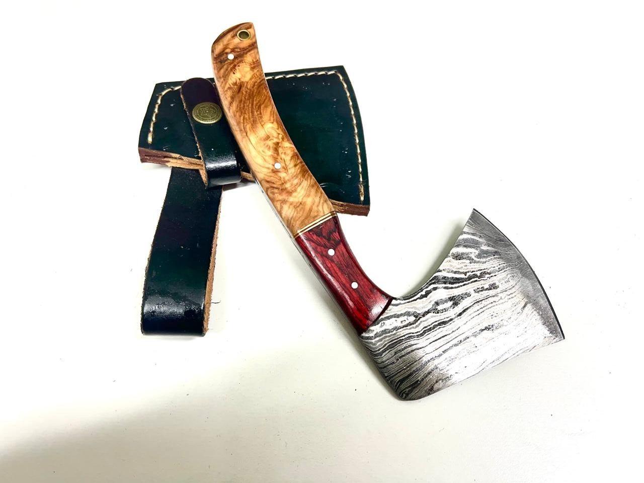 Hand Forged Damascus Combat Survival Axe with Olive Wood Handle and Leather Cover – Hunting Hatchet