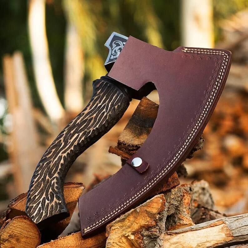 Custom Forged Replica Viking Axe Carbon Steel Bushcraft Forest Hatchet with Wooden Handle and Case