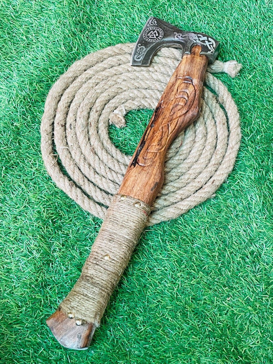 Handmade Forged Damascus Steel Viking Bearded Tomahawk Camping Hatchet Axe with Wood Handle and Leather Sheath