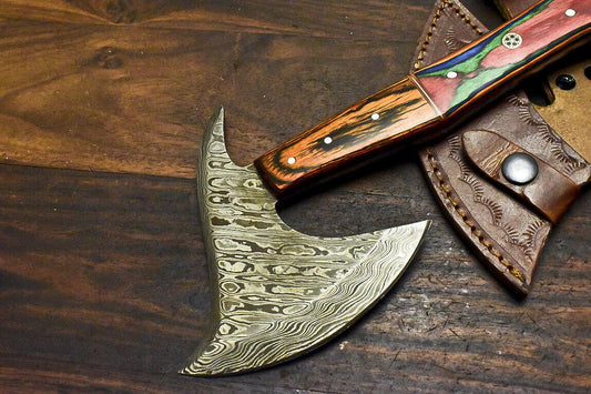 Handmade Damascus Steel Hard Wood Hunting Clever Chopper Axe Knife with Leather Sheath