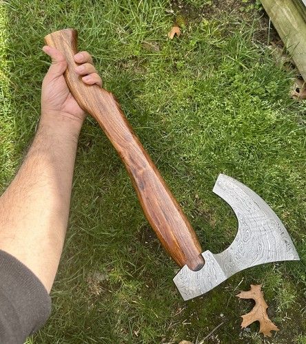 Custom Hand Forged Damascus Steel Viking Bearded Camping Hatchet Tomahawk Axe | 21-Inch with Natural Wood Handle & Leather Sheath