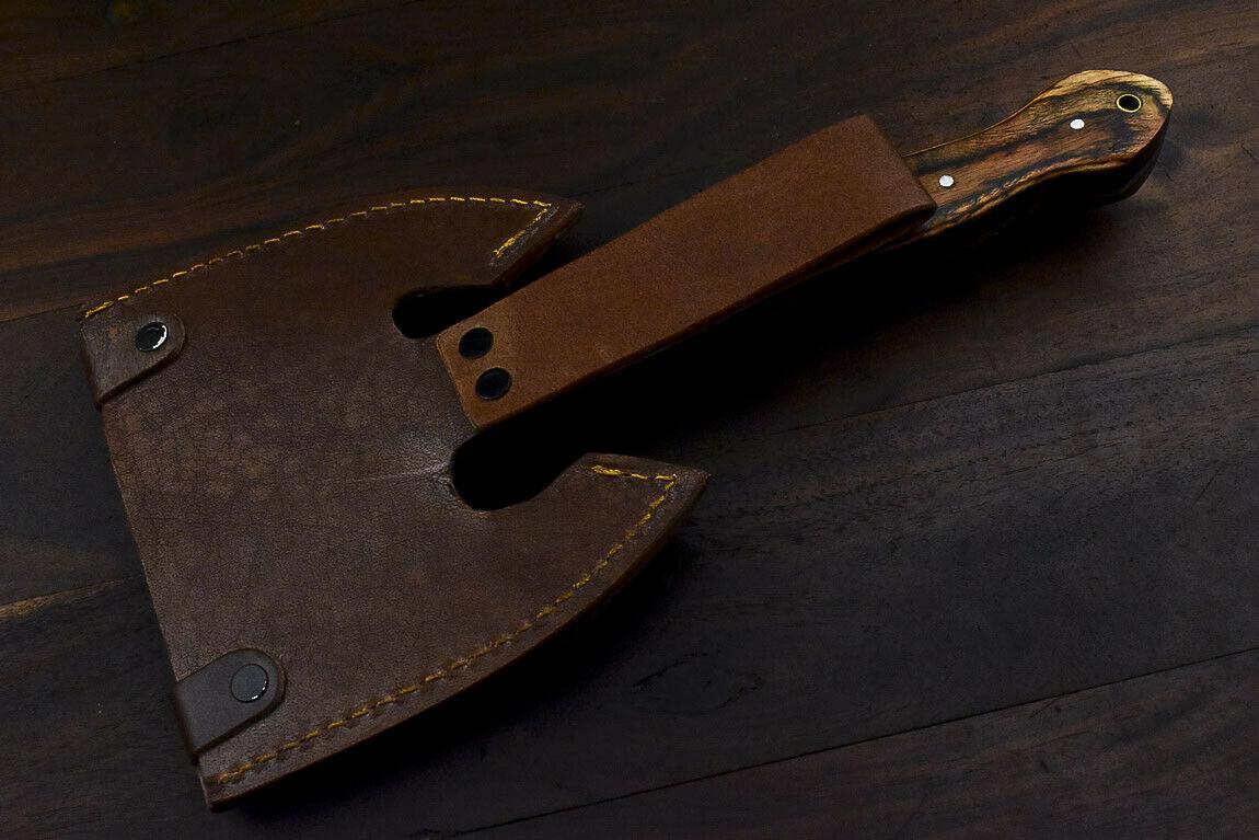 Rare Handmade Damascus Steel Axe Hunting Clever Chopper Knife Hard Wood Handle with Leather Sheath