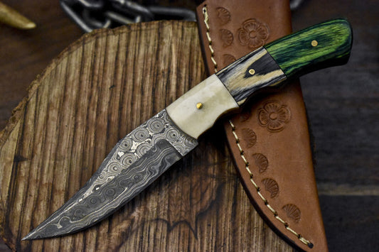 Rain Drop Damascus Skinner Knife with Hardwood Handle – 7" Handmade Tactical Hunting Blade