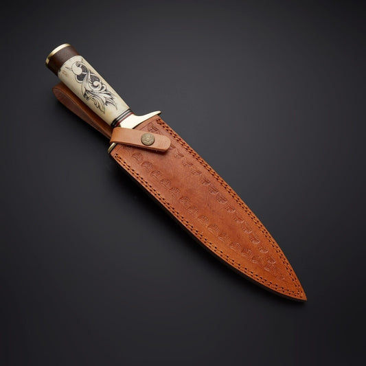 14" Camel Bone Handle Damascus Steel Bowie Knife – Full Tang Hunting Blade